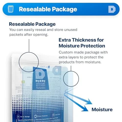 Dry & Dry 5 Gram Silica Gel Packets (50 Count) | Rechargeable Moisture Absorbers for Food, Electronics, 3D Filament & Safes thumbnail 7