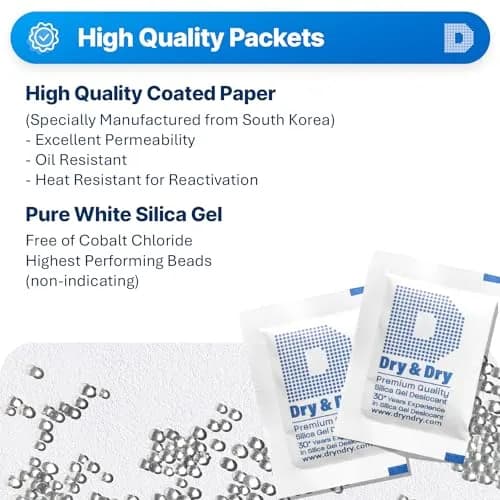Dry & Dry 5 Gram Silica Gel Packets (50 Count) | Rechargeable Moisture Absorbers for Food, Electronics, 3D Filament & Safes thumbnail 2