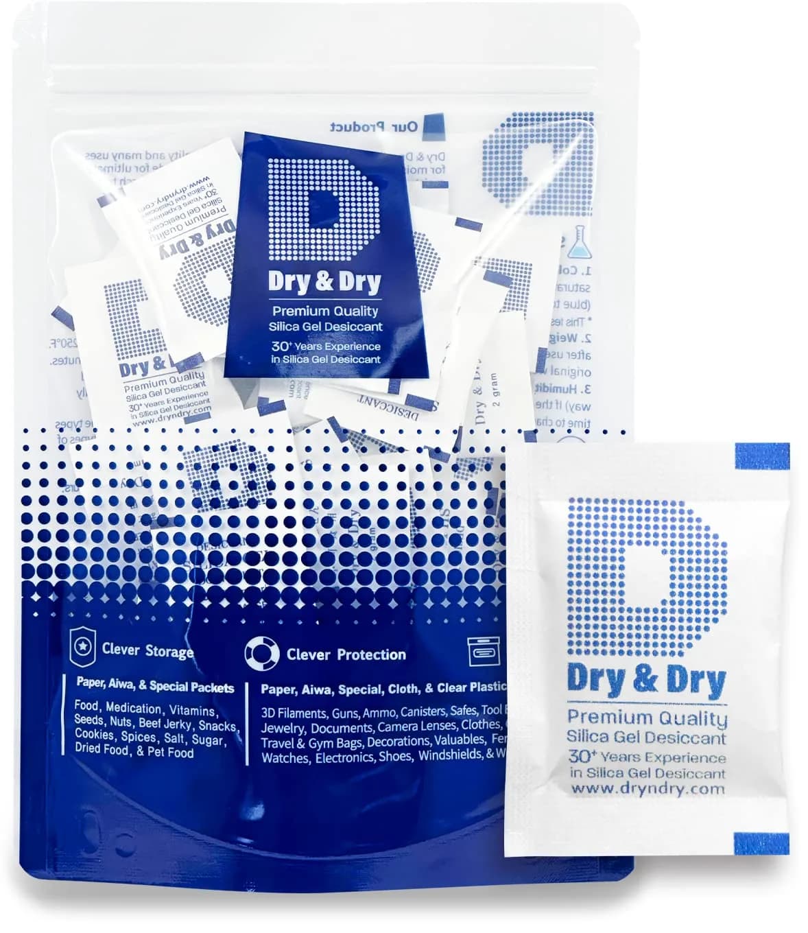 Dry & Dry 2 Gram Silica Gel Packets | Rechargeable Moisture Absorbers for Food & Electronics
