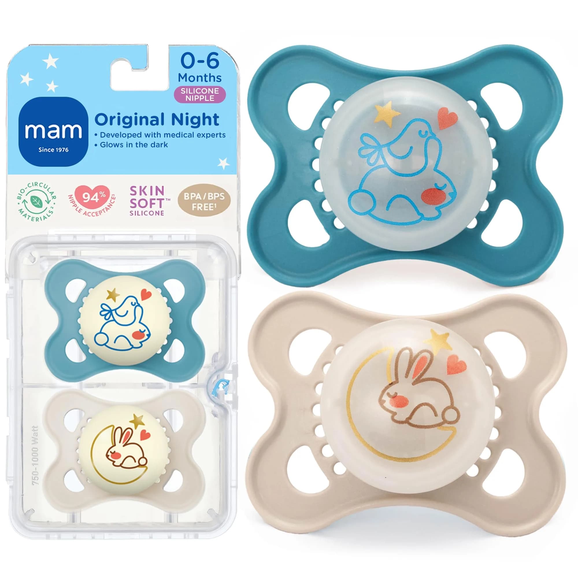 MAM Original Baby Pacifiers 0-6 Months, Glow-in-the-Dark, 4-Pack | Developed with Pediatric Dentists — Blue Teal/Cotton