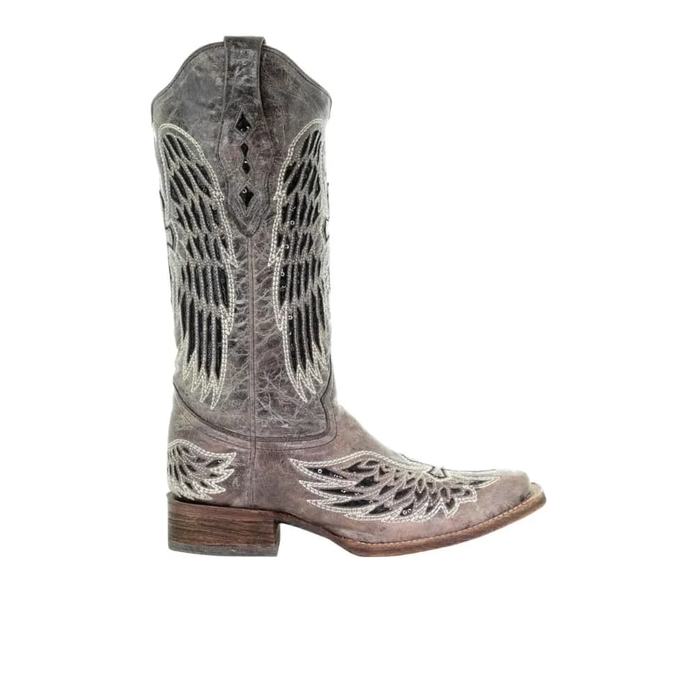 Corral Boots Womens Wings Tooled-Inlay Pull On Square Toe Casual Boots Mid Calf Low Heel 1-2" - Brown - Size 7.5 — Brown/Black / 6