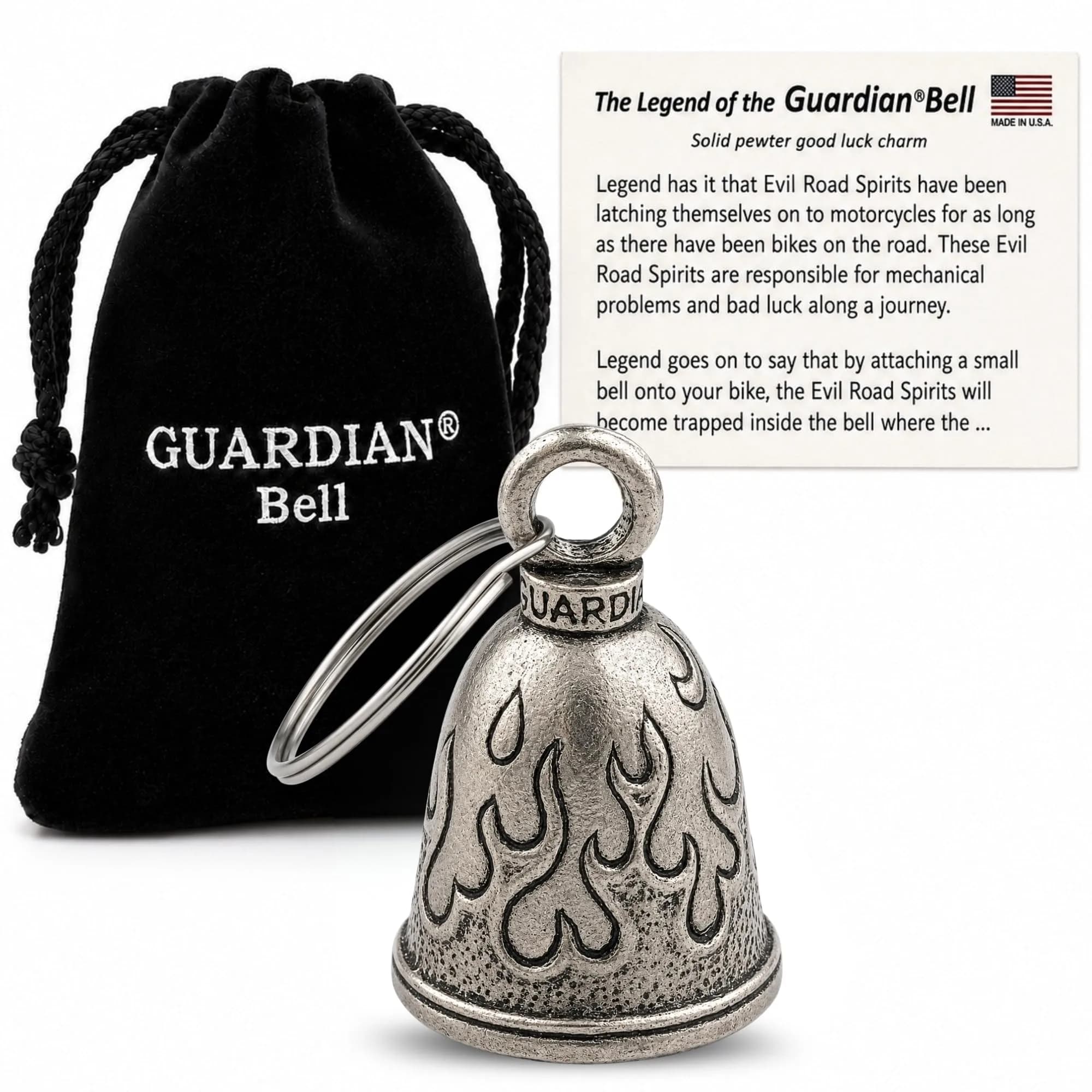 Guardian Bell Never Ride Faster Than Your Angel Can Fly Good Luck Bell w/Keyring & Black Velvet Gift Bag | Motorcycle Bell | Lead-Free Pewter | Good Luck Gift | Bike Bell | Made in USA — Flame Bell