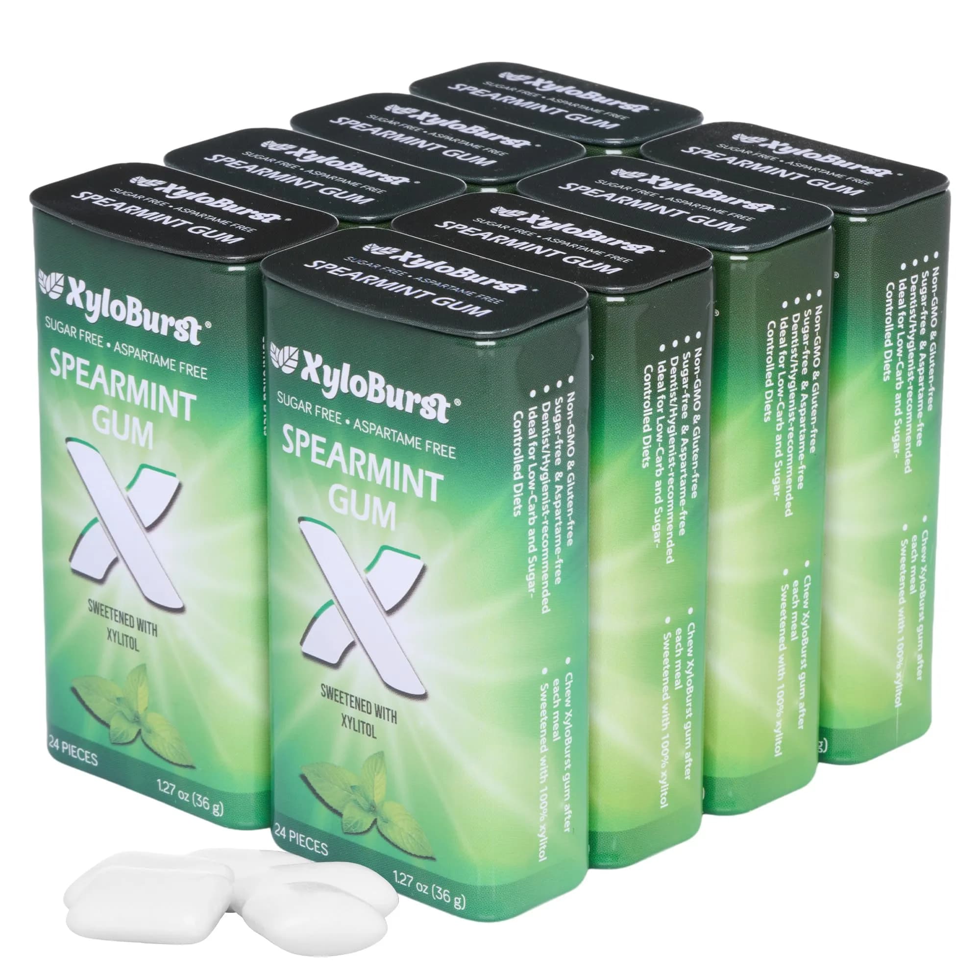 XyloBurst Spearmint Xylitol Chewing Gum 204 Pieces (Pack of 8) | Sugar-Free, Gluten-Free, Keto Friendly, Aspartame-Free — Spearmint