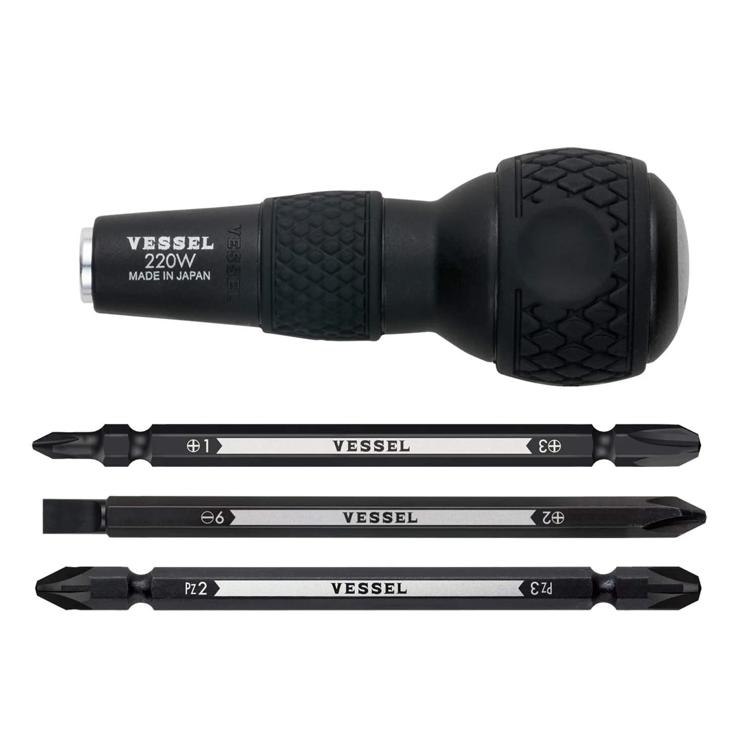 VESSEL Ball Grip Interchangeable Screwdriver Set with 6 Hex Bits | 10 cm (3 inch) Blade Length