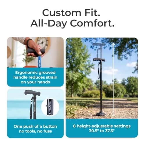 HurryCane Freedom Edition Foldable Walking Cane with T Handle, Black 30.5-37.5 inches | Patented SteadiGrip Base for Enhanced Stability thumbnail 5