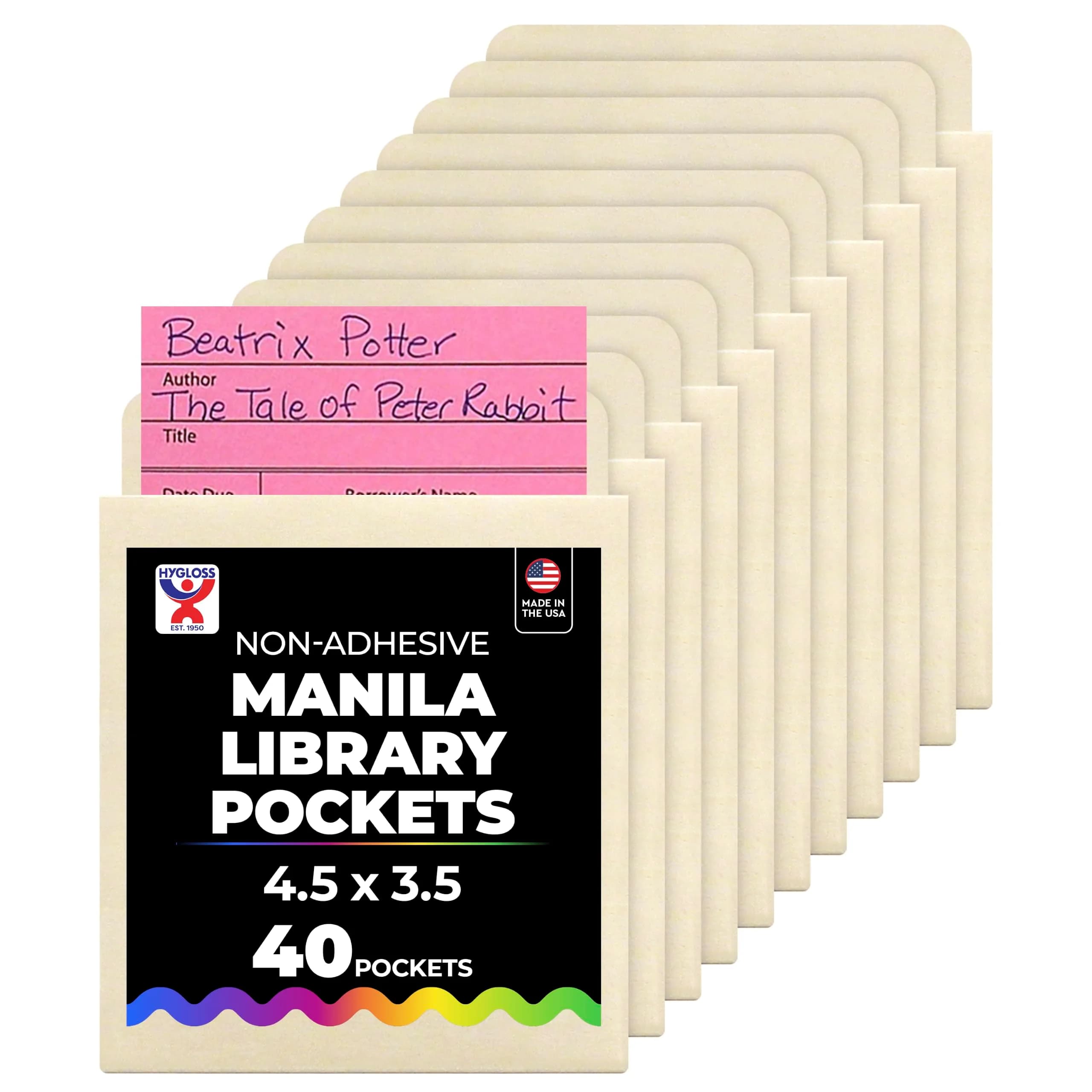 Hygloss Manila Library Pockets Self-Adhesive 4.5 x 3.5 Inches (40 Pack) | Acid-Free Paper for Lasting Organization — Deep Low Back 4.5 x 3.5 / Non-Adhesive