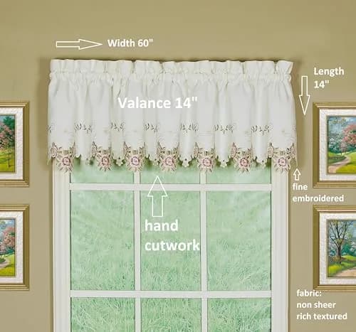 Today's Curtain Verona Reverse Embroidery Valance 156 cm (60"W x 14"L) | Classic Ecru/Rose Window Valance thumbnail 2