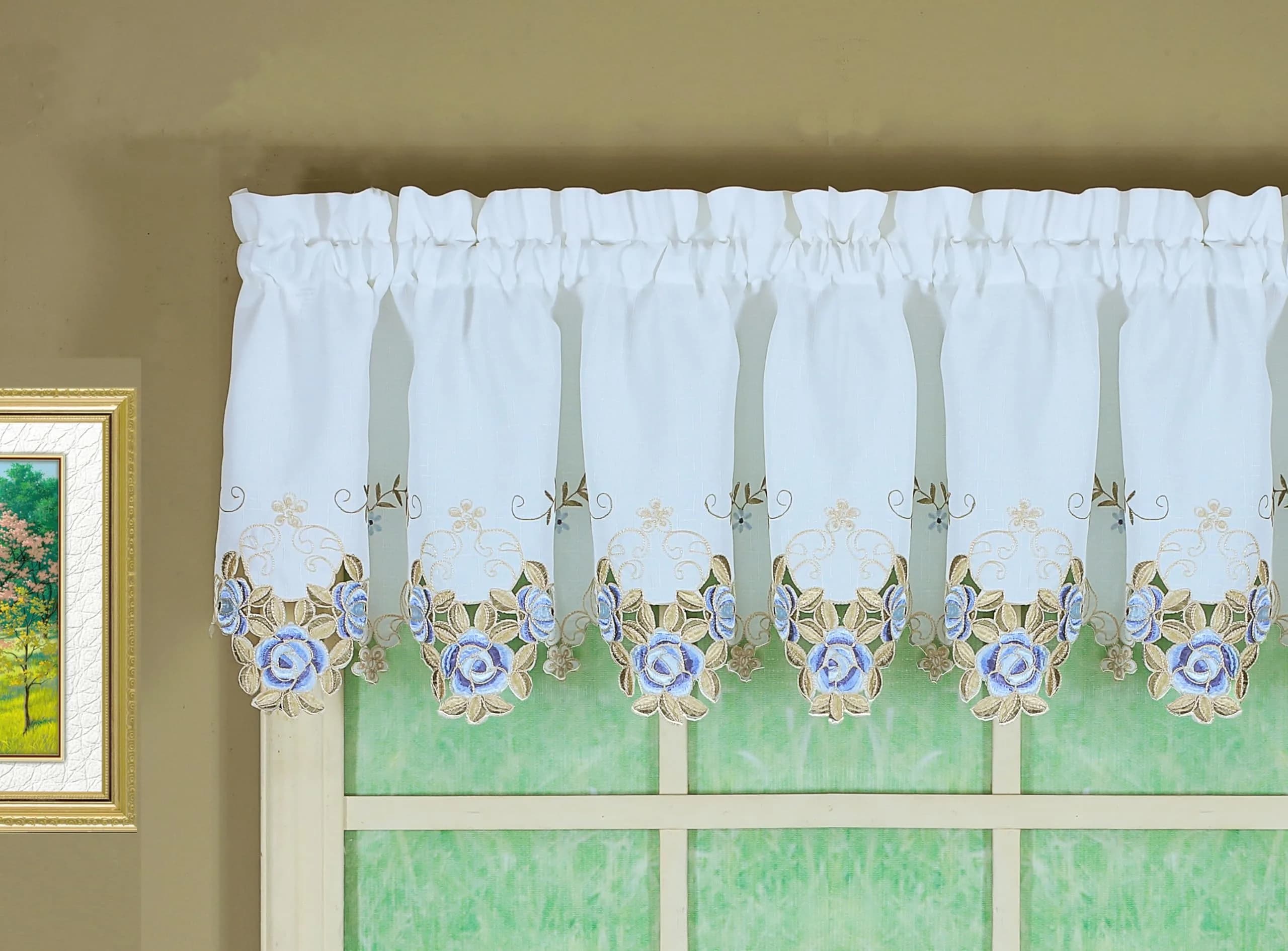 Today's Curtain Verona Reverse Embroidery Valance 156 cm (60"W x 14"L) | Classic Ecru/Rose Window Valance — White/Blue