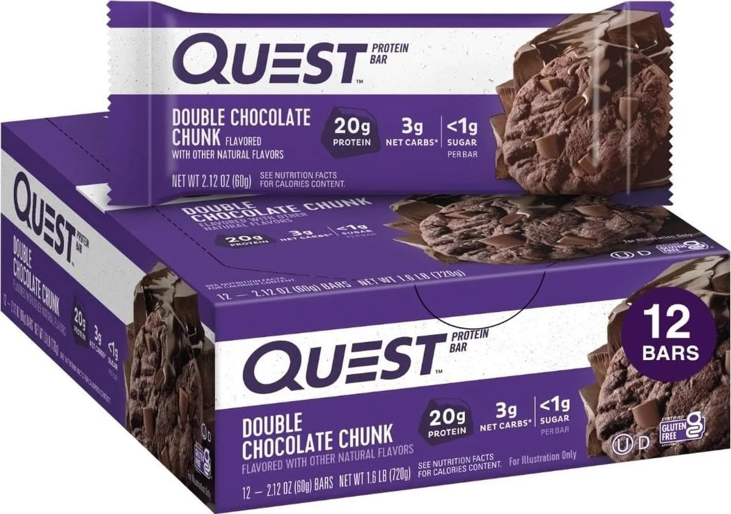 Quest Nutrition Double Chocolate Chunk Protein Bars 60g (2.12oz) | 20g Protein, 3g Net Carbs, Gluten-Free