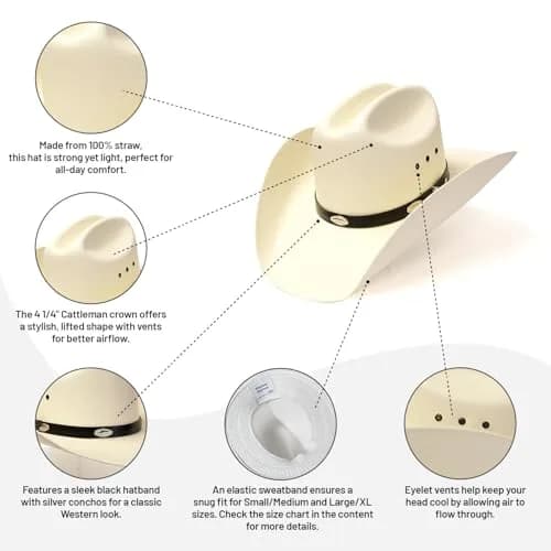 Western Express Natural Straw Cowboy Hat for Men and Women | Cattleman Style with Black Hat Band and Silver Conchos thumbnail 4