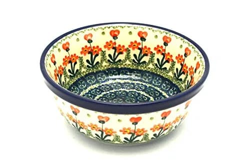 Polish Pottery Bowl - Salad - Peach Spring Daisy | Handmade Polish Stoneware for Soup & Salad