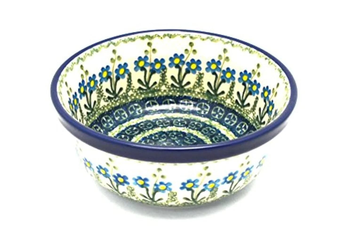 Polish Pottery Bowl - Salad - Blue Spring Daisy | Handmade Polish Stoneware
