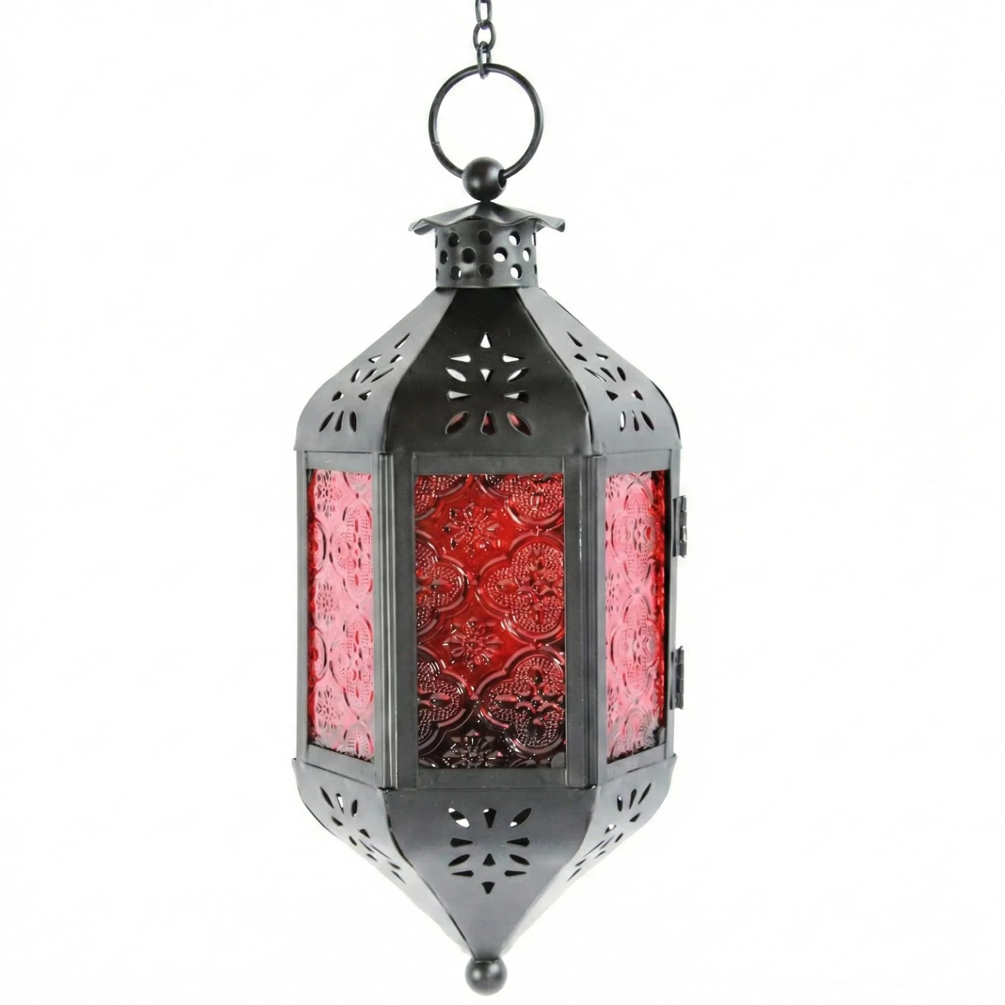 Vela Lanterns Hanging Moroccan Lamp - Exotic Decor, Indoor & Outdoor, 11" Red Glass - main product image