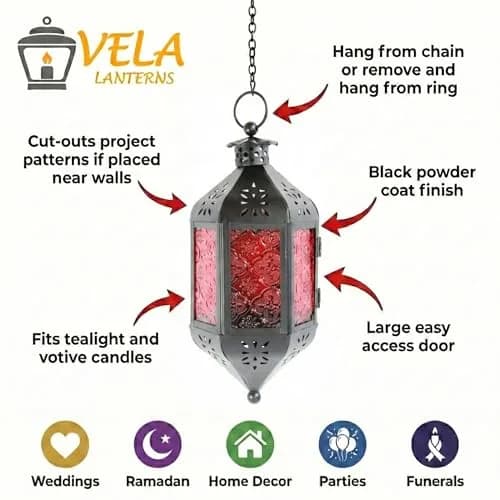 Vela Lanterns Hanging Moroccan Lamp - Exotic Decor, Indoor & Outdoor, 11" Red Glass thumbnail 5