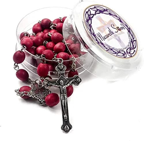 Nazareth Store Rose Petal Red Rosary Necklace | Silver Plated Carved Beads (52cm) thumbnail 1