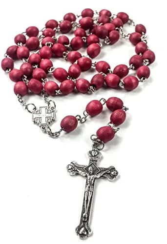 Nazareth Store Rose Petal Red Rosary Necklace | Silver Plated Carved Beads (52cm) thumbnail 4