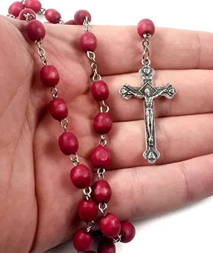 Nazareth Store Rose Petal Red Rosary Necklace | Silver Plated Carved Beads (52cm) thumbnail 5