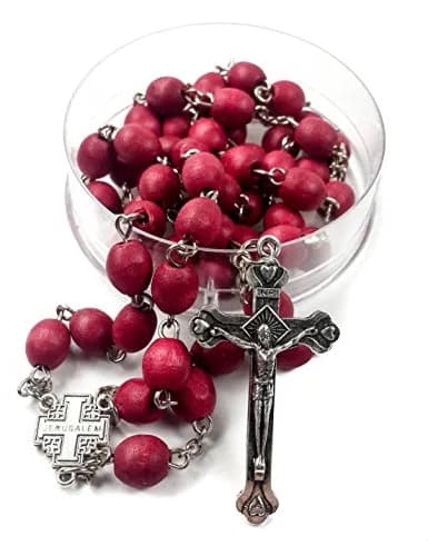 Nazareth Store Rose Petal Red Rosary Necklace | Silver Plated Carved Beads (52cm) thumbnail 3