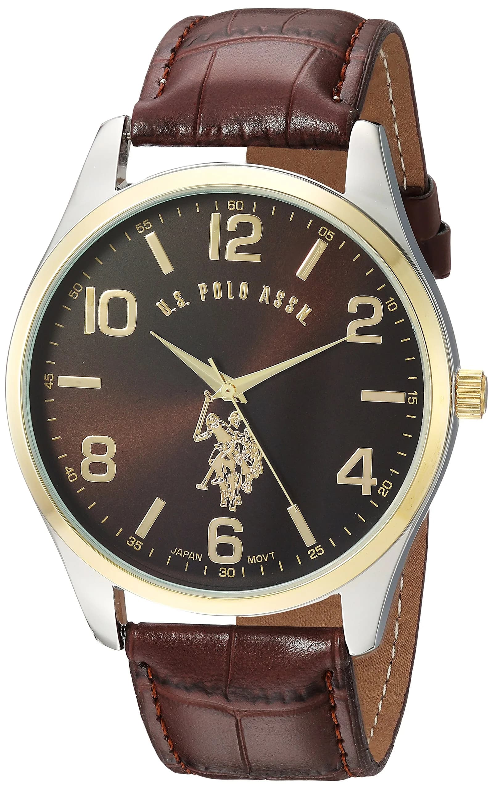 Accutime U.S. Polo Assn. Men's Analog Quartz Watch 44mm Silver-Tone Case Brown Croco-Embossed Strap | Classic Casual Style - main product image