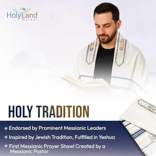 Holy Land Market Messianic Shawl Tallit Navy Blue/Gold 183cm (72") x 56cm (22") | Christian Prayer Embroidered Acrylic Wrap thumbnail 4