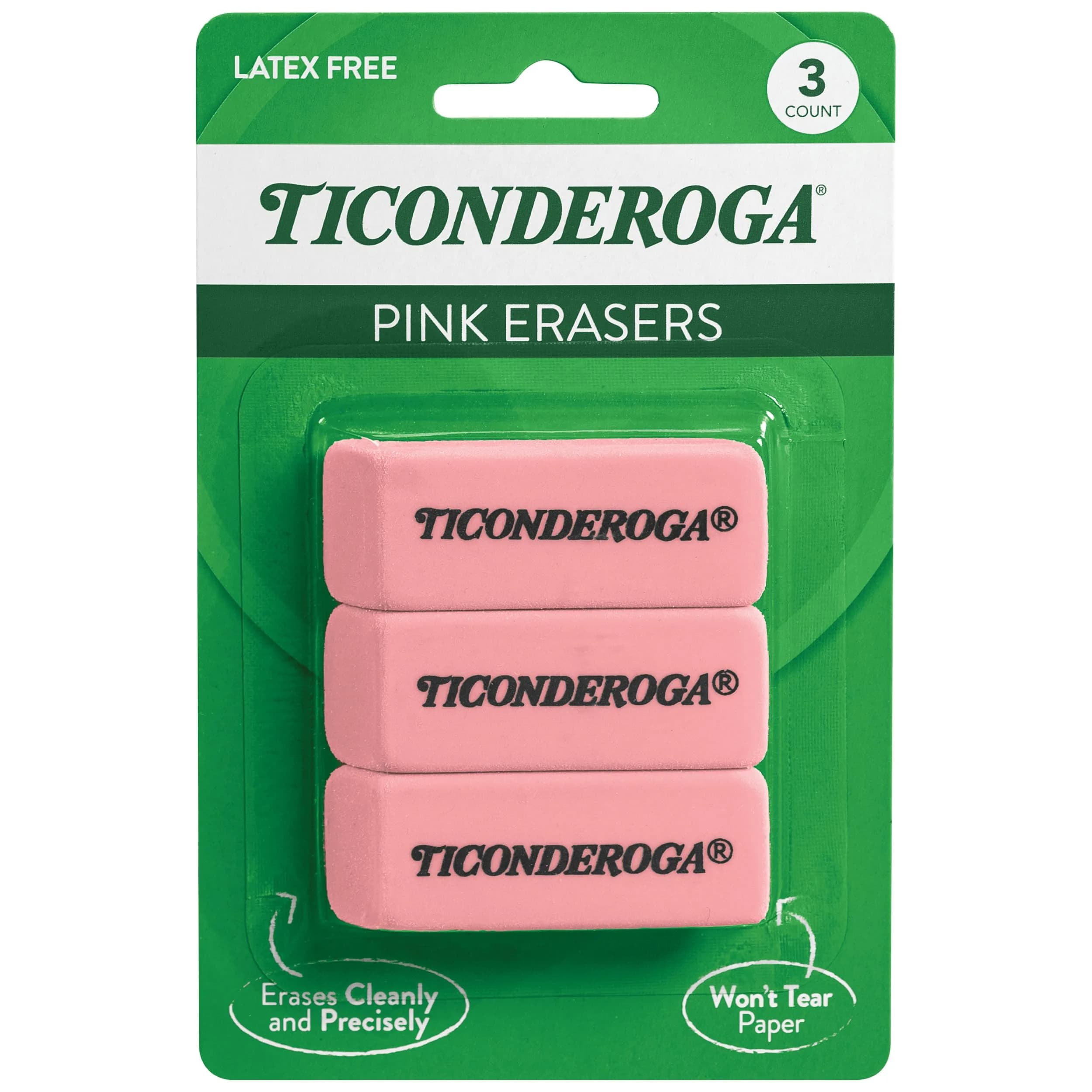 Ticonderoga Pink Wedge Erasers 3 Count | Classic Eraser for Clean Corrections - main product image