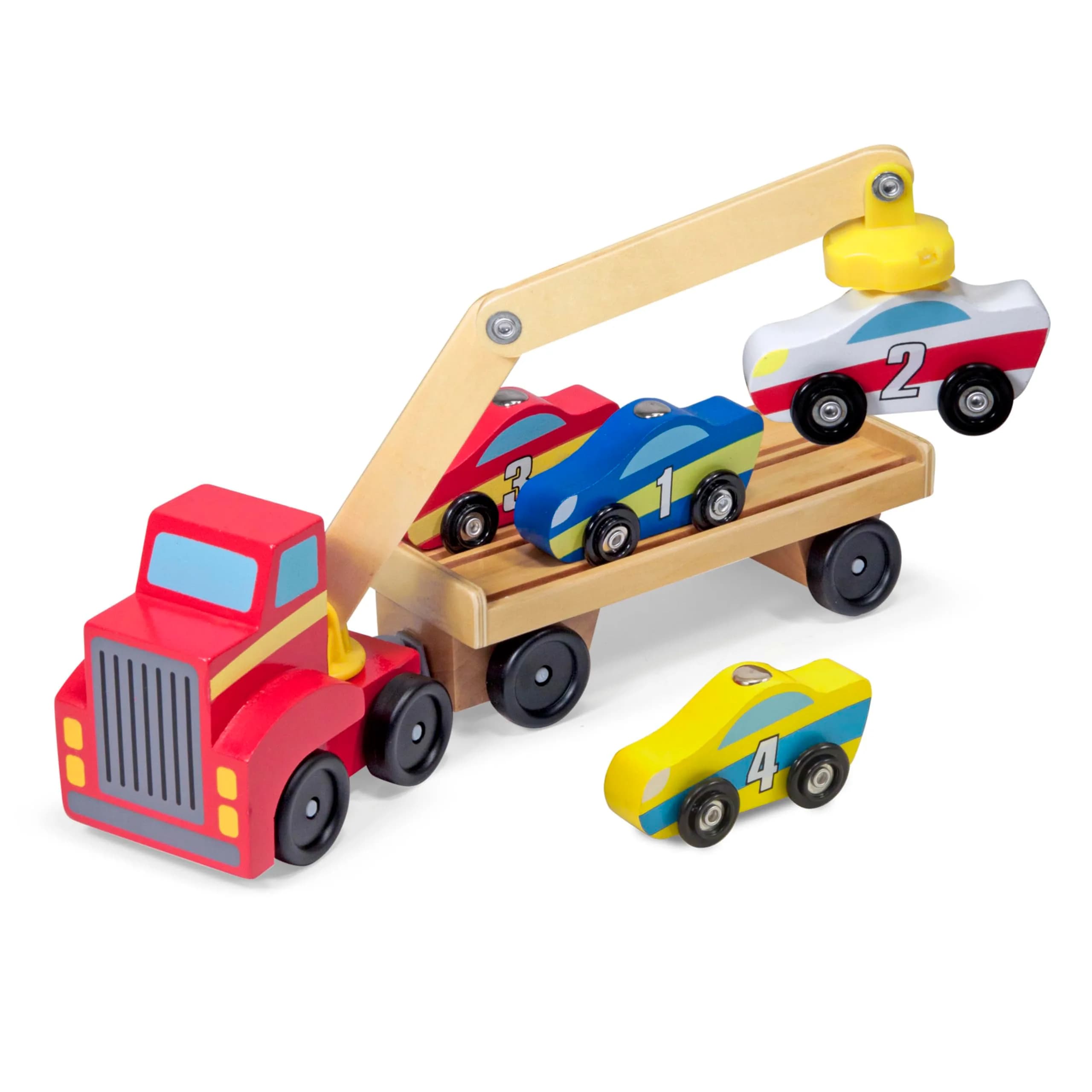 Melissa & Doug Magnetic Car Loader Wooden Toy Set with 4 Toy Cars | Cause-and-Effect & Sorting Play (110 characters) - main product image