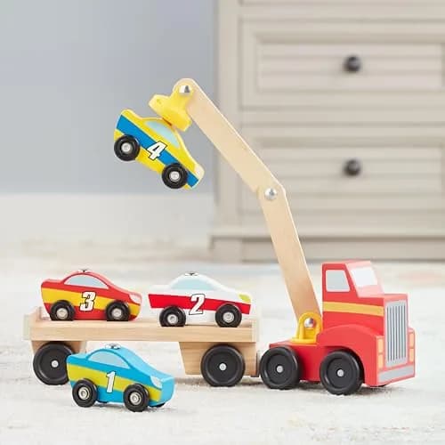 Melissa & Doug Magnetic Car Loader Wooden Toy Set with 4 Toy Cars | Cause-and-Effect & Sorting Play (110 characters) thumbnail 9