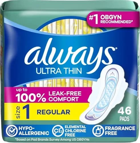 Always Ultra Thin Feminine Pads with Wings, Size 1 Regular Absorbency, Unscented, 46 Count | Up to 100% Leak-Free Protection thumbnail 1