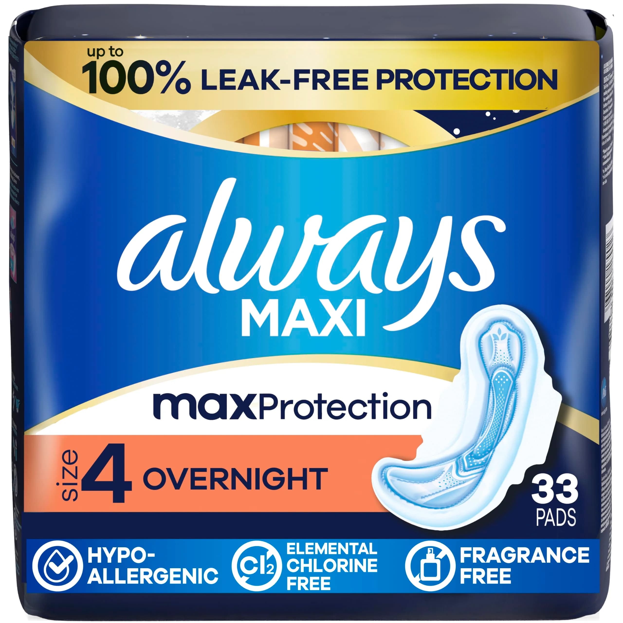 Always Maxi Overnight Pads with Wings Size 4 | Leak-Free Night Protection - main product image