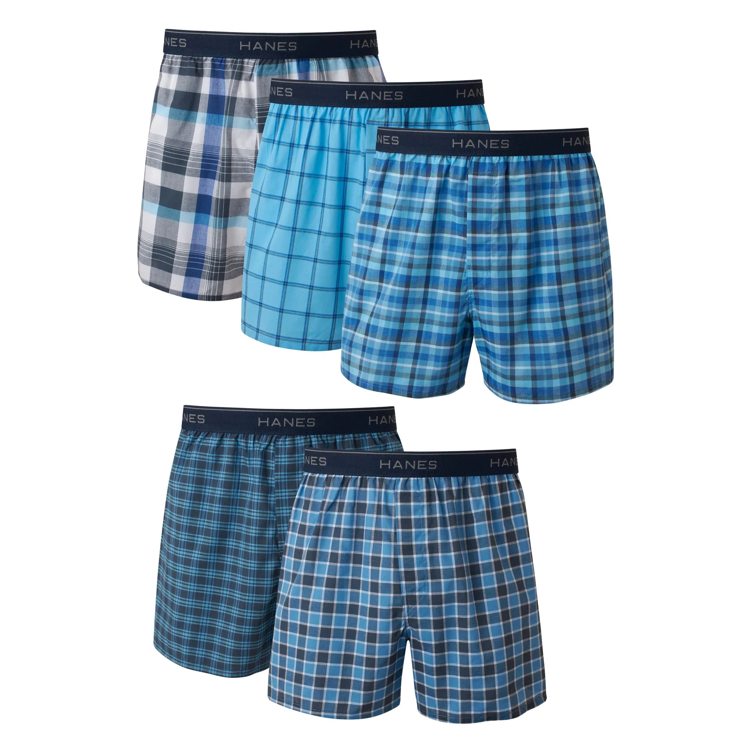 Hanes Men's Tagless Boxer with Exposed Waistband 5 Pack | Breathable Cotton-Blend Comfort — Blue Plaid / Large