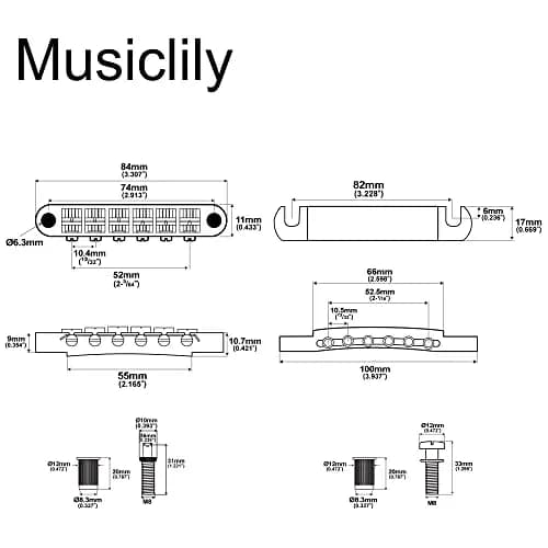 Musiclily Tune-o-matic Bridge and Tailpiece Set for Epiphone Les Paul/SG Style Electric Guitars, Black | 52mm Bridge Spacing, 52.5mm Tailpiece Spacing thumbnail 2