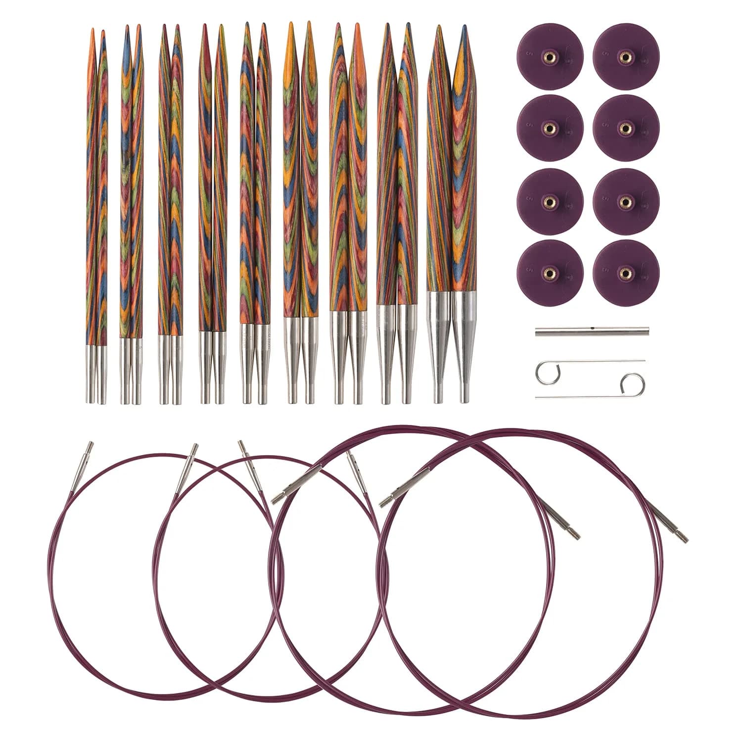 Knit Picks Rainbow Wood Interchangeable Knitting Needles Set US 4-11 (3.5mm-8mm) | Smooth Laminated Birch with 80" Cable Option - main product image