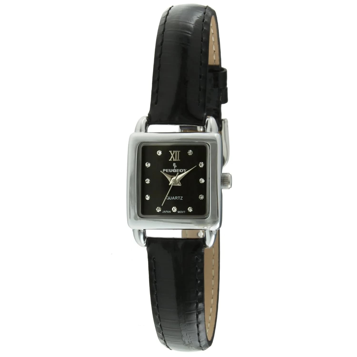Peugeot Mini Square Gold Tone Crystal Accented Brown Leather Strap Watch 20mm (0.79in) | Japanese Quartz Movement — Black