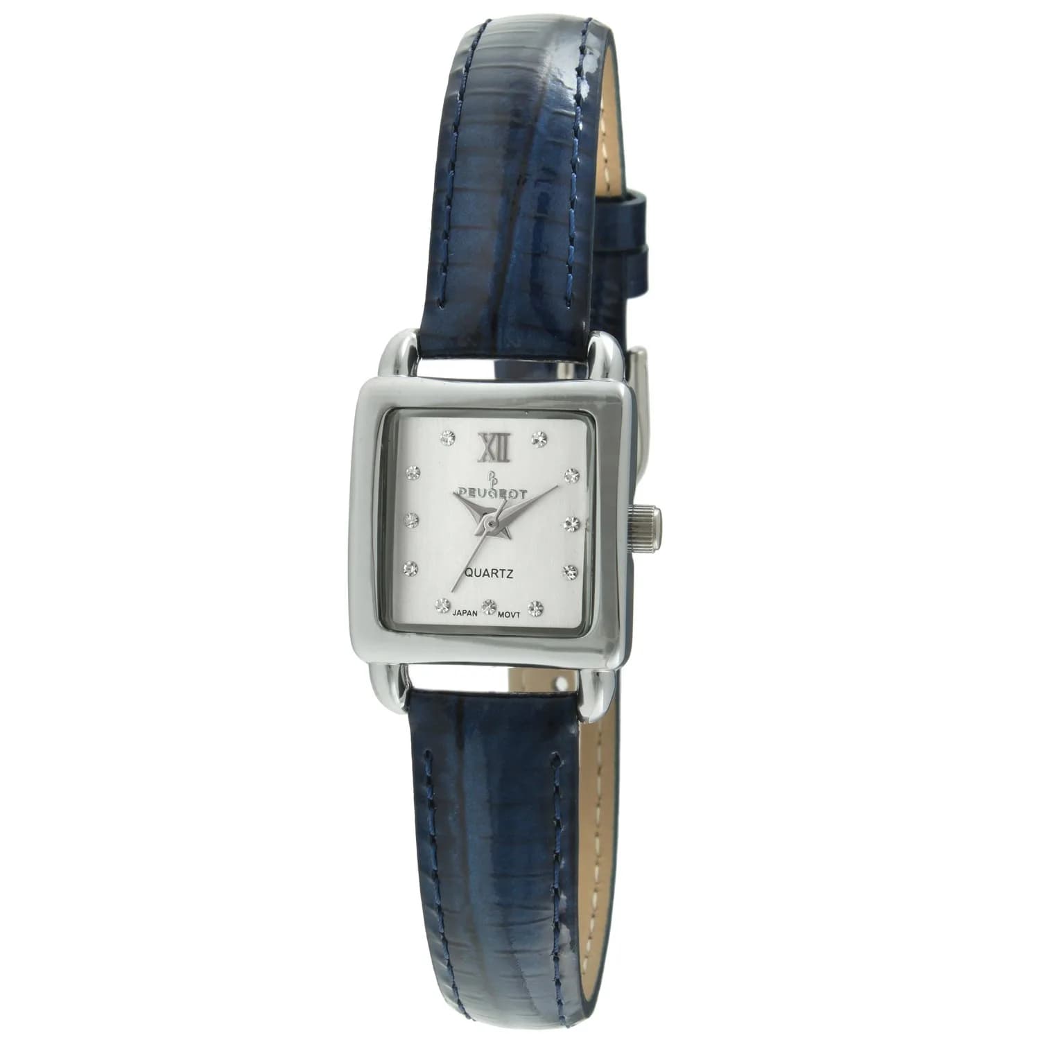 Peugeot Mini Square Gold Tone Crystal Accented Brown Leather Strap Watch 20mm (0.79in) | Japanese Quartz Movement — Blue. Silve