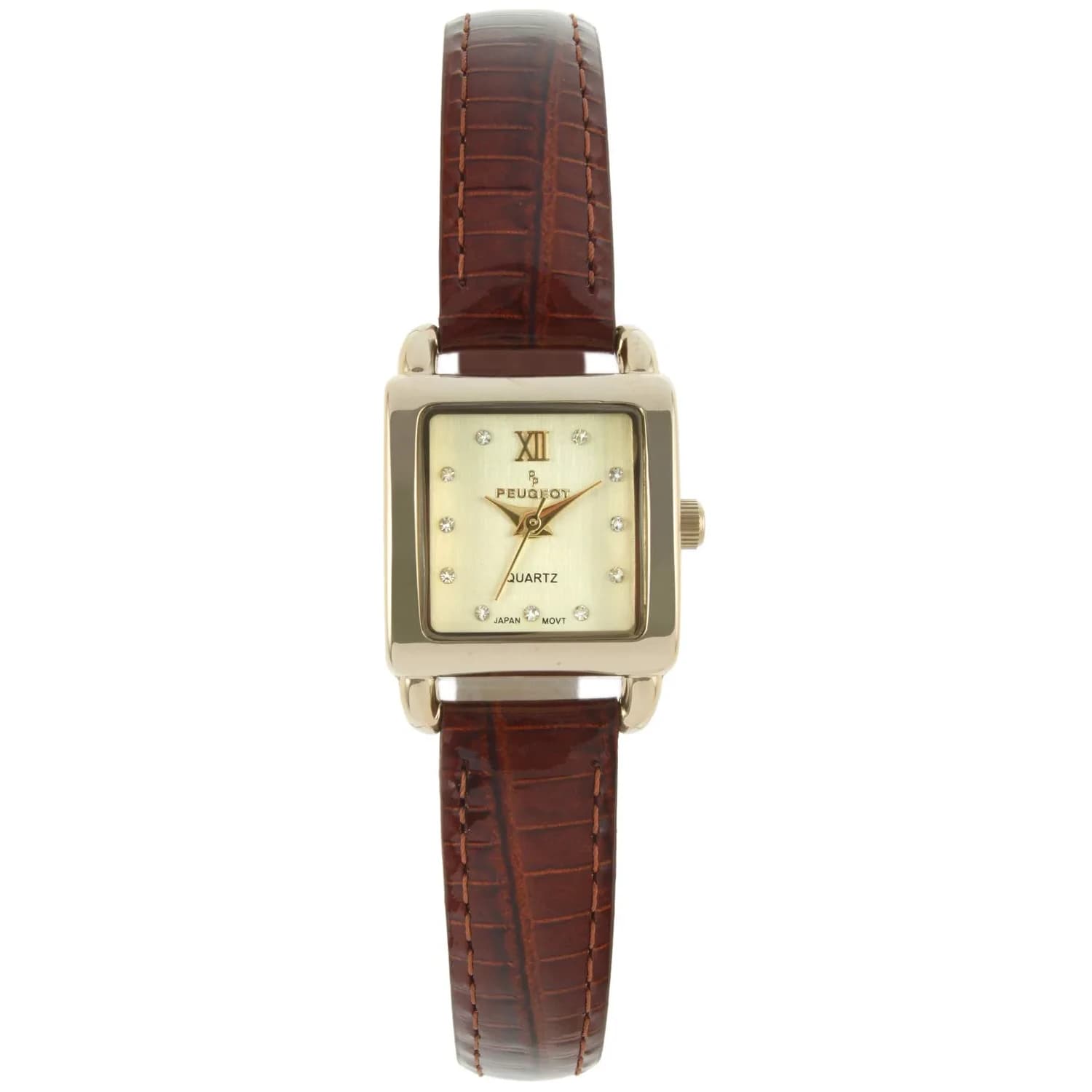 Peugeot Mini Square Gold Tone Crystal Accented Brown Leather Strap Watch 20mm (0.79in) | Japanese Quartz Movement — Brown