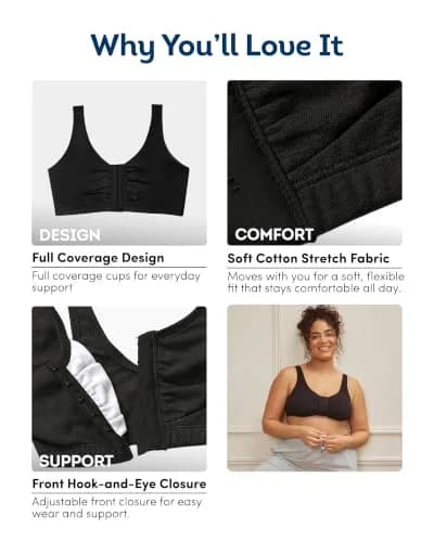 Fruit of the Loom Women's Front-Close Cotton Sports Bra Multi-Pack | Low-Medium Impact, Wire-Free, Full Coverage (2-Pack, Size 46) thumbnail 5