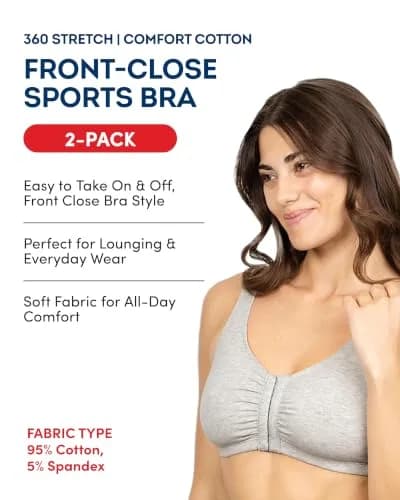Fruit of the Loom Women's Front-Close Cotton Sports Bra Multi-Pack | Low-Medium Impact, Wire-Free, Full Coverage (2-Pack, Size 46) thumbnail 3
