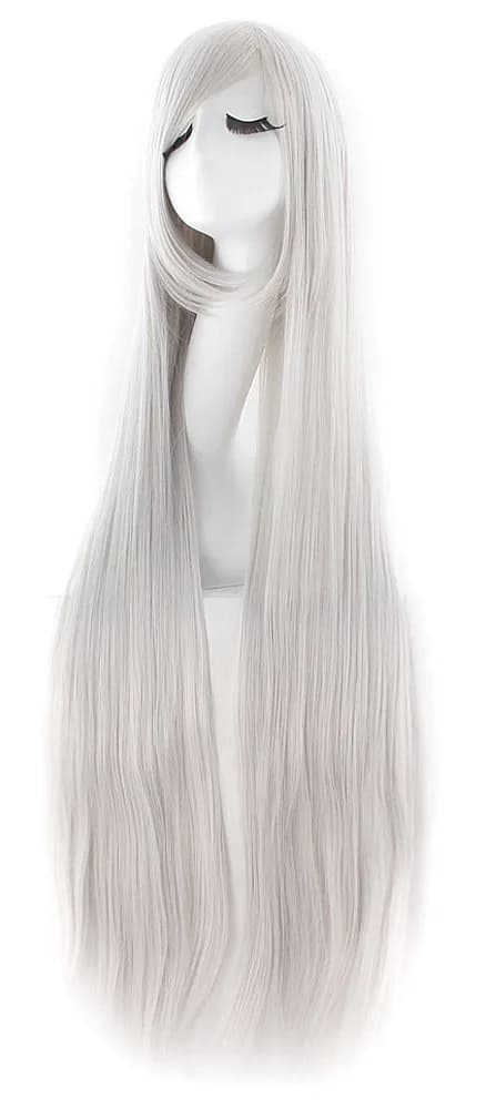 MapofBeauty Oblique Bangs Anime Long Straight Wig (White) | 40 Inch Heat-Resistant Fiber — Silver Gray