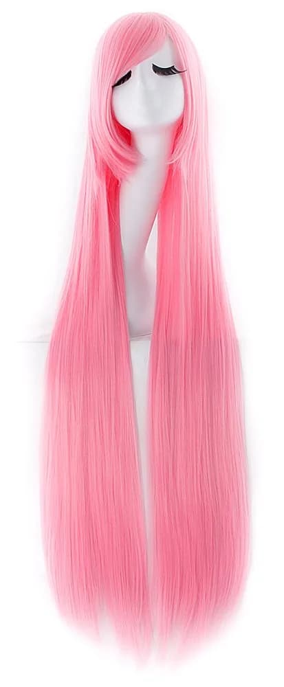 MapofBeauty Oblique Bangs Anime Long Straight Wig (White) | 40 Inch Heat-Resistant Fiber — Light Pink