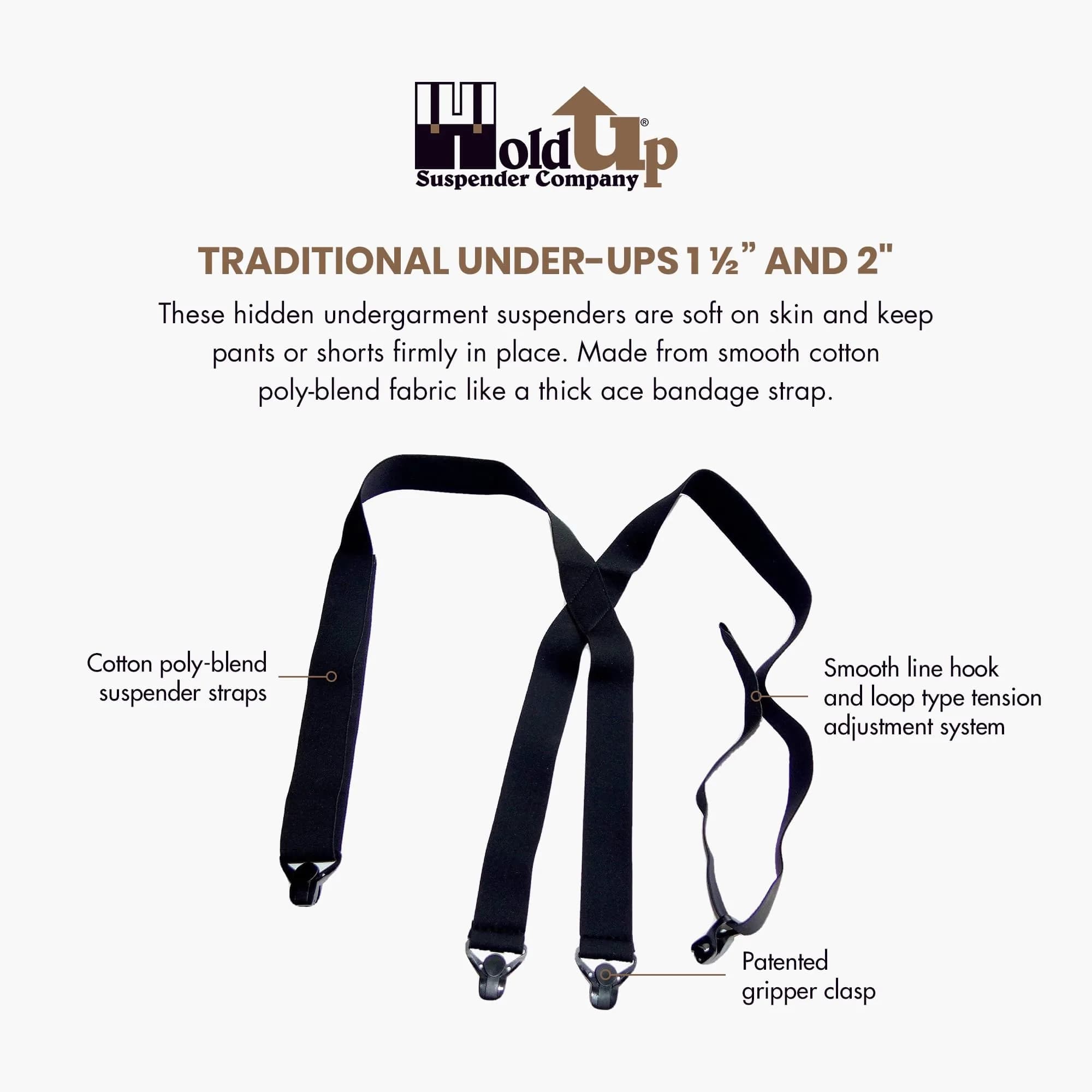 Hold-Up Tan XL 1.5-Inch X-Back Under-Ups Suspenders with Gripper Clasps — Tan 2" thumbnail 2