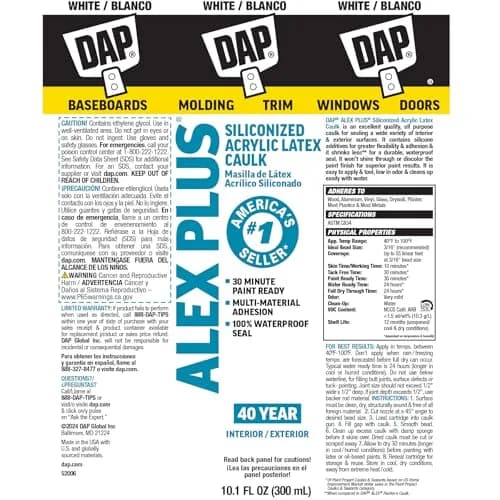DAP Alex Plus Acrylic Latex Caulk with Silicone 298 ml (10.1 fl oz) | Crack-Proof Seal for Trim, Doors, Windows thumbnail 8