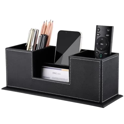 KINGFOM Double Holder Leather Desk Organizer 29.5cm (11.6in) | Organizes Pens, Phones, and Office Supplies thumbnail 1