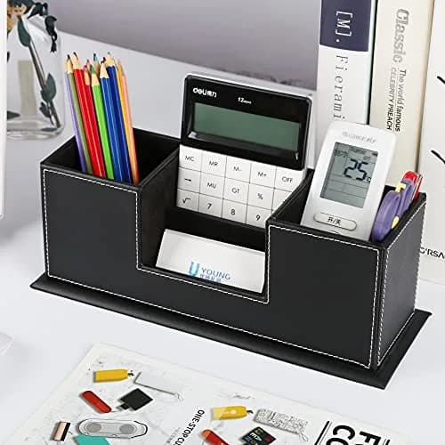 KINGFOM Double Holder Leather Desk Organizer 29.5cm (11.6in) | Organizes Pens, Phones, and Office Supplies thumbnail 6