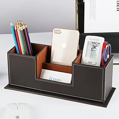 KINGFOM Double Holder Wood Leather Desk Organizer 29.5cm (11.6in) | 4 Compartments for Pens, Phones, Remotes thumbnail 5