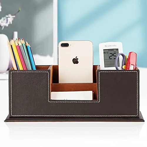 KINGFOM Double Holder Wood Leather Desk Organizer 29.5cm (11.6in) | 4 Compartments for Pens, Phones, Remotes thumbnail 6