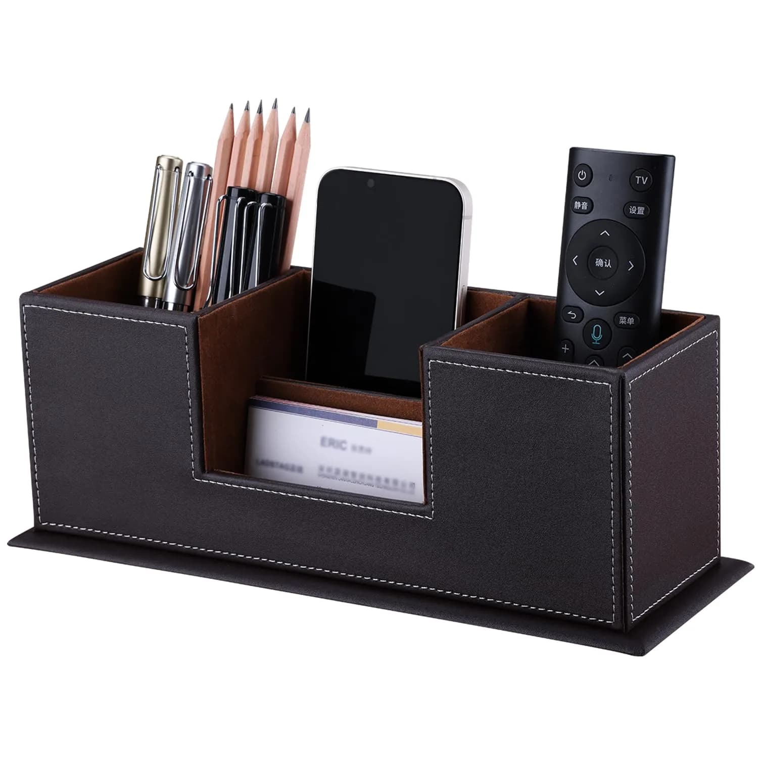 KINGFOM PU Leather Square Pencil Holder Cup | Desktop Stationery Organizer for Office & Study — Brown-l