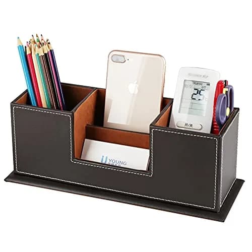 KINGFOM Double Holder Wood Leather Desk Organizer 29.5cm (11.6in) | 4 Compartments for Pens, Phones, Remotes thumbnail 2