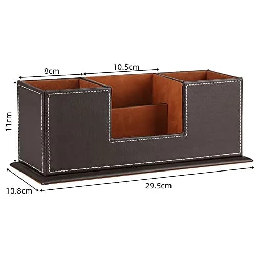 KINGFOM Double Holder Wood Leather Desk Organizer 29.5cm (11.6in) | 4 Compartments for Pens, Phones, Remotes thumbnail 3
