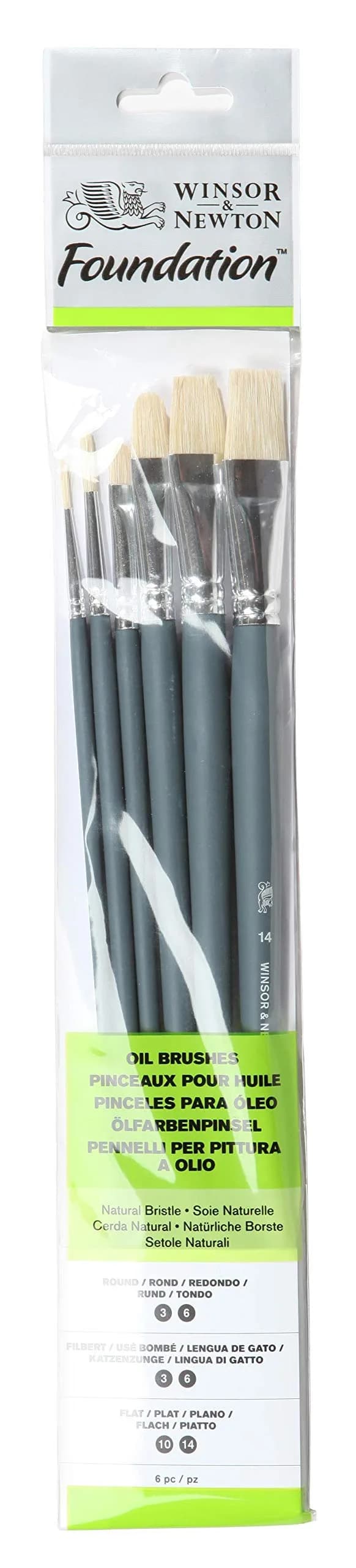 Winsor & Newton Foundation Oil Hog Brush Set, Long Handle, 6 Pack | Synthetic Hog Bristles for Oil & Acrylic - main product image