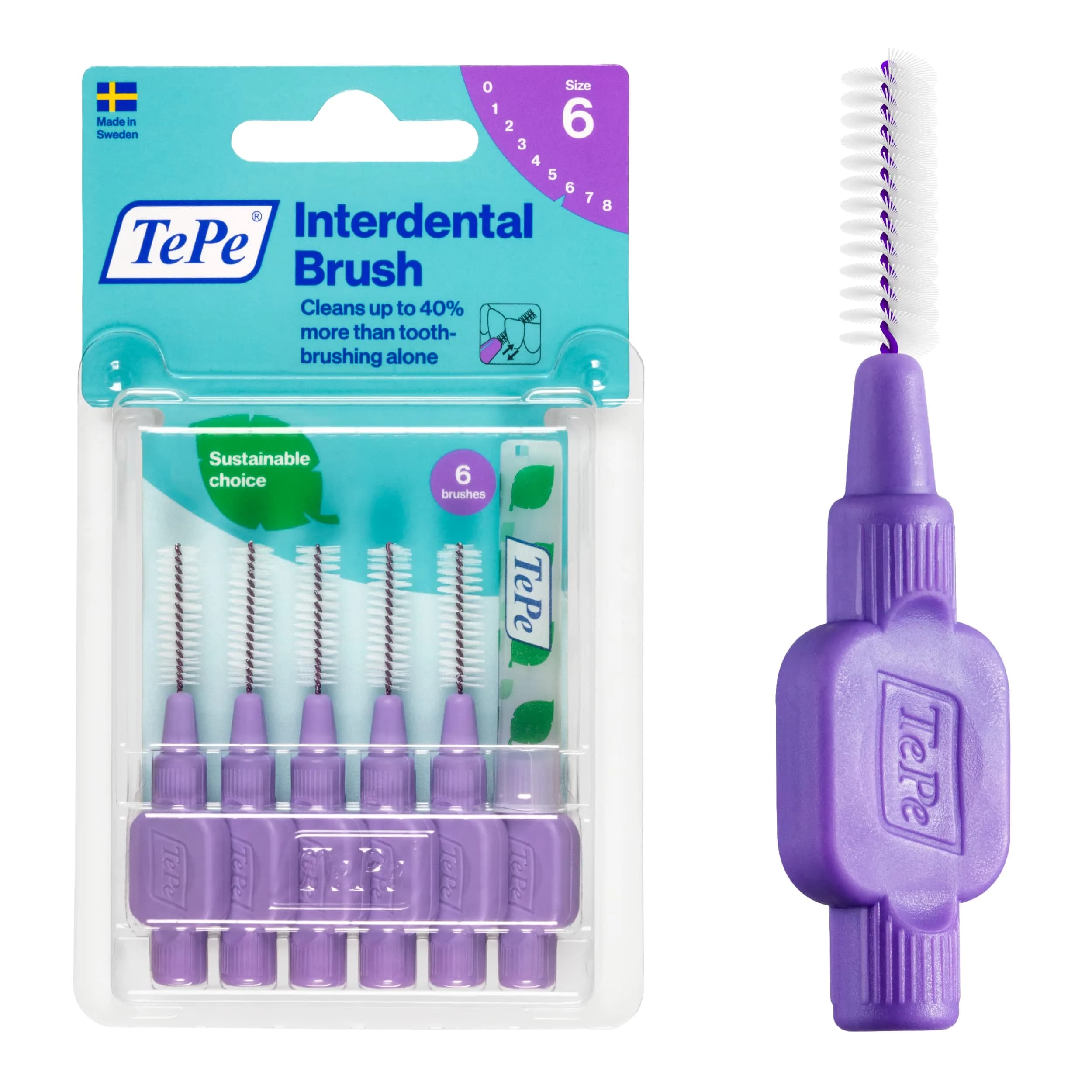 TePe Interdental Brush Original Purple 1.1mm (6 Count) | Soft Dental Brush for Large Gaps